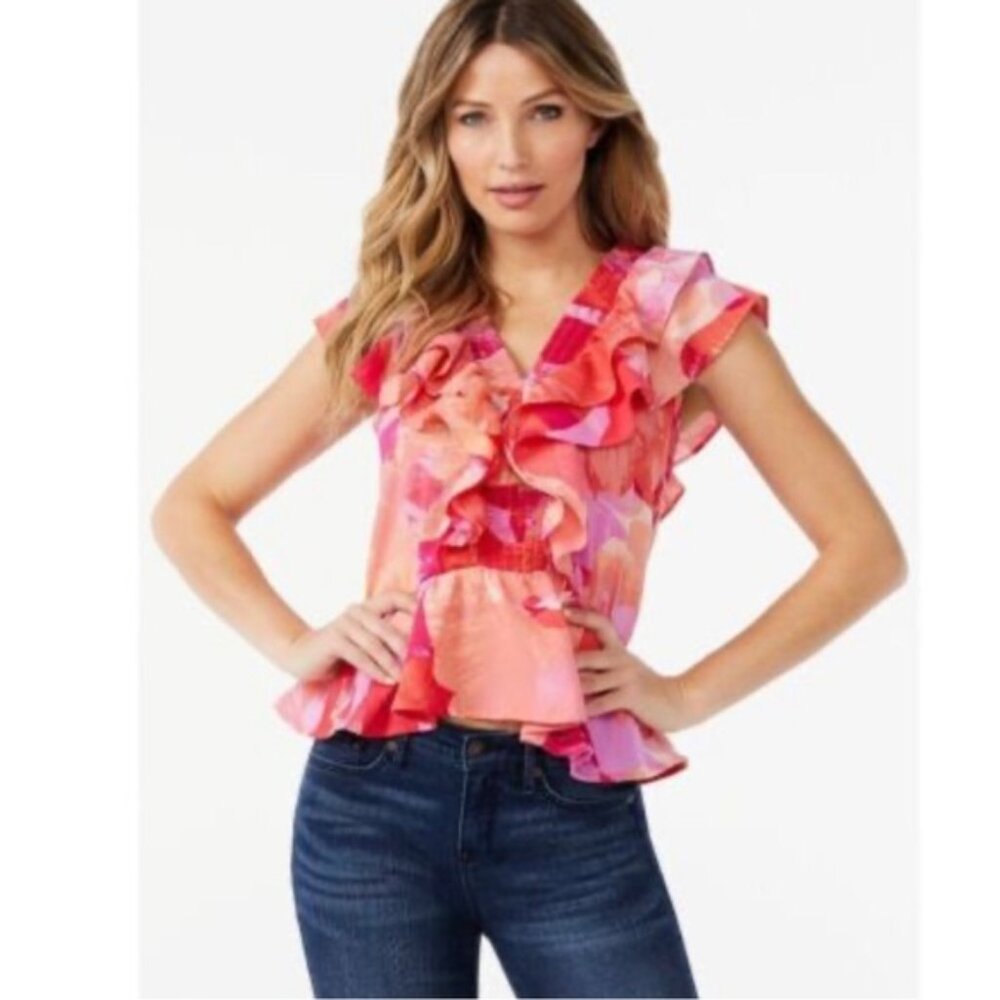 Sofia Vergara Smocked Ruffle Top Short Sleeve Size XL